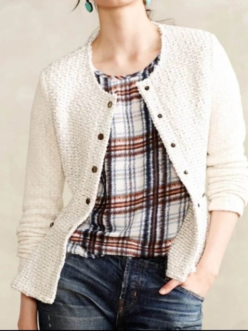 Anthropologie Cartonnier Cream Knit Peplum Zip up jacket sweater Medium